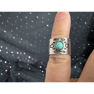Turquoise Look Ring Size 4.5, Silver Tone Wide Band Statement Ring